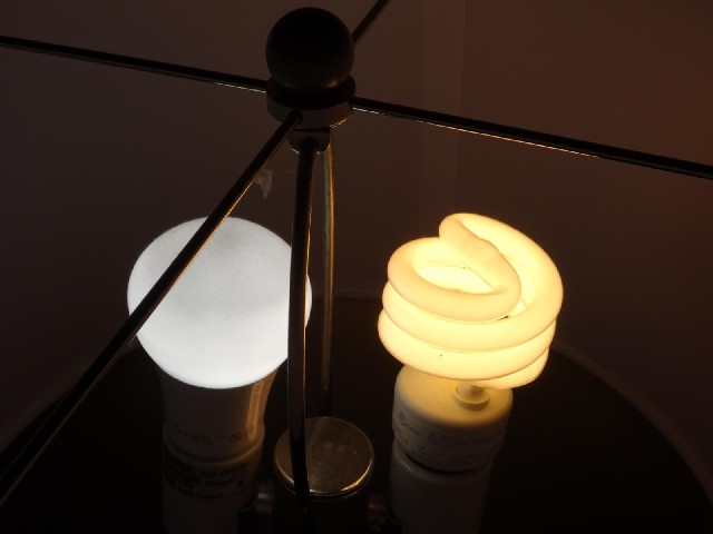 The desk lamp in this room has two bulbs in it, with separate switches. They are different colours.