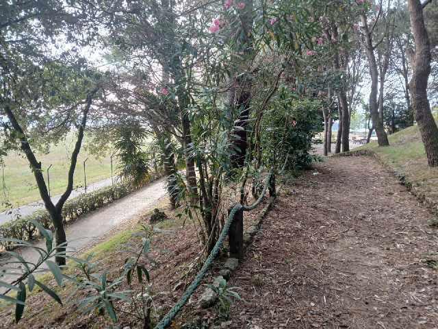 Here's a sneaky way off. The road on the left is inside the airport fence. The middle one is the cyc...